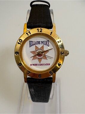Vintage Bellaire Police Officer's Association Gold-Tone Watch with Black Strap